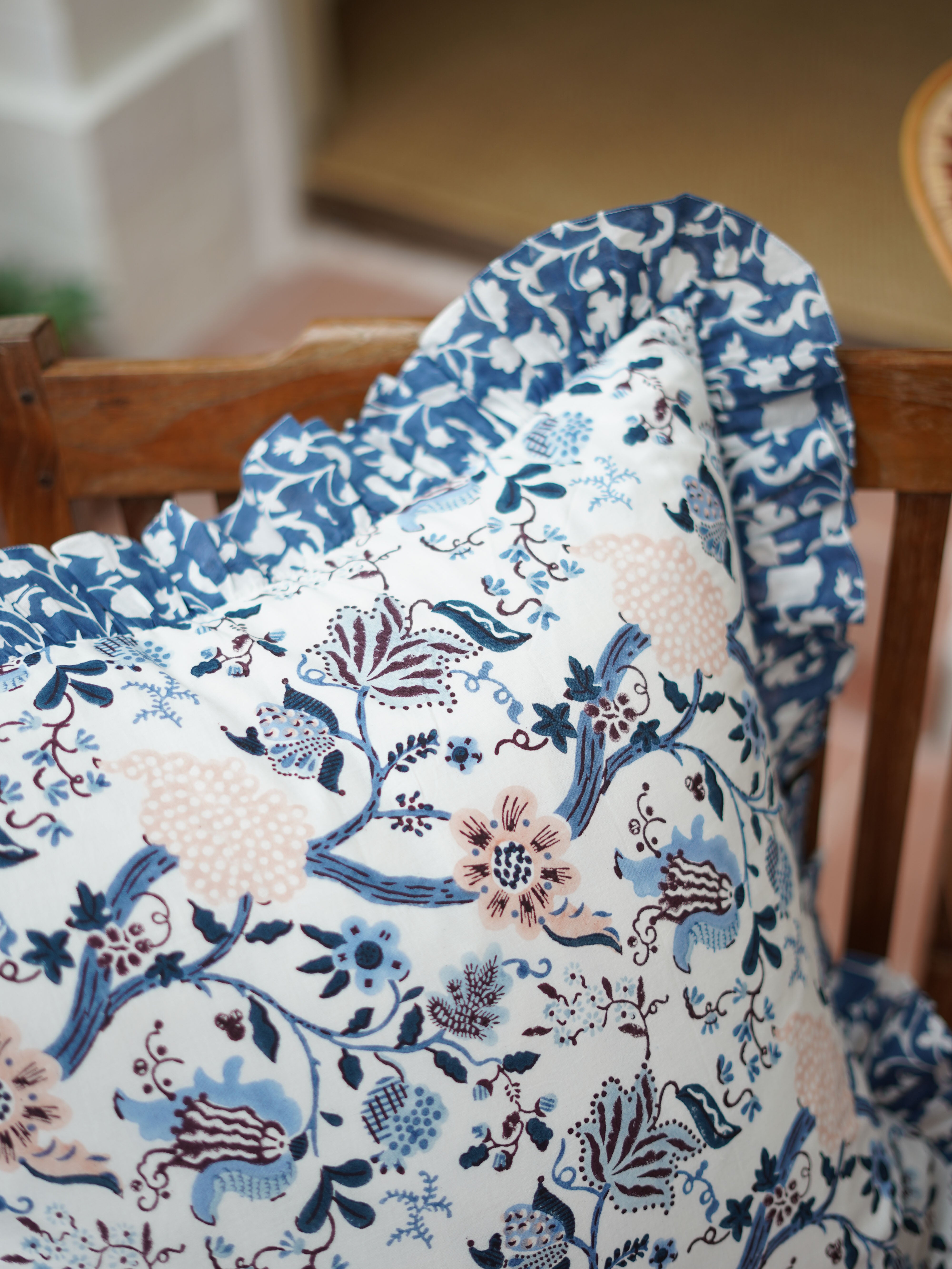 Frilled Cushion Cover, Blue Pomegranate 50 x 50cm