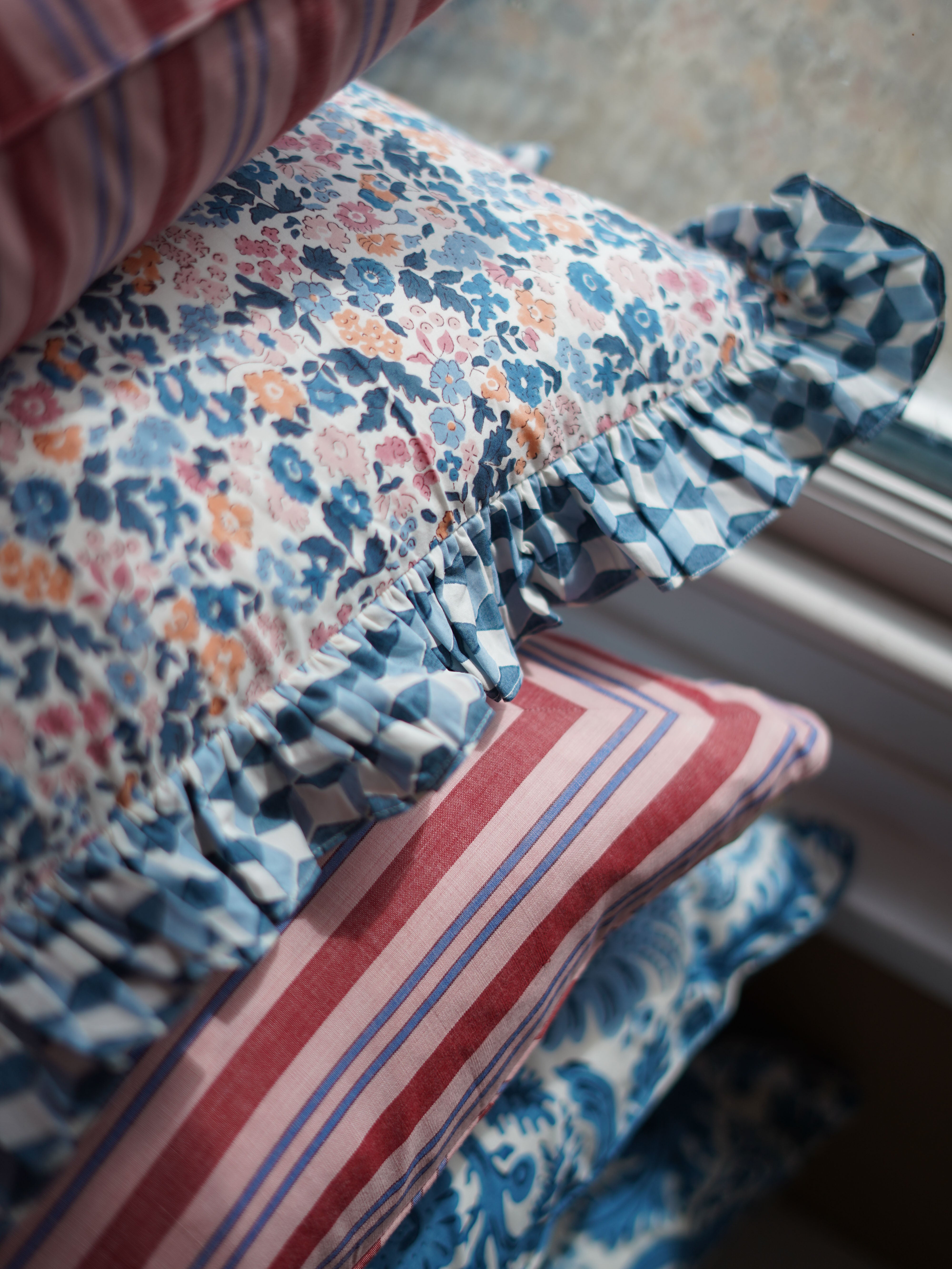 Frilled Cushion Cover, Fleures blue/blush 60 x 35cm