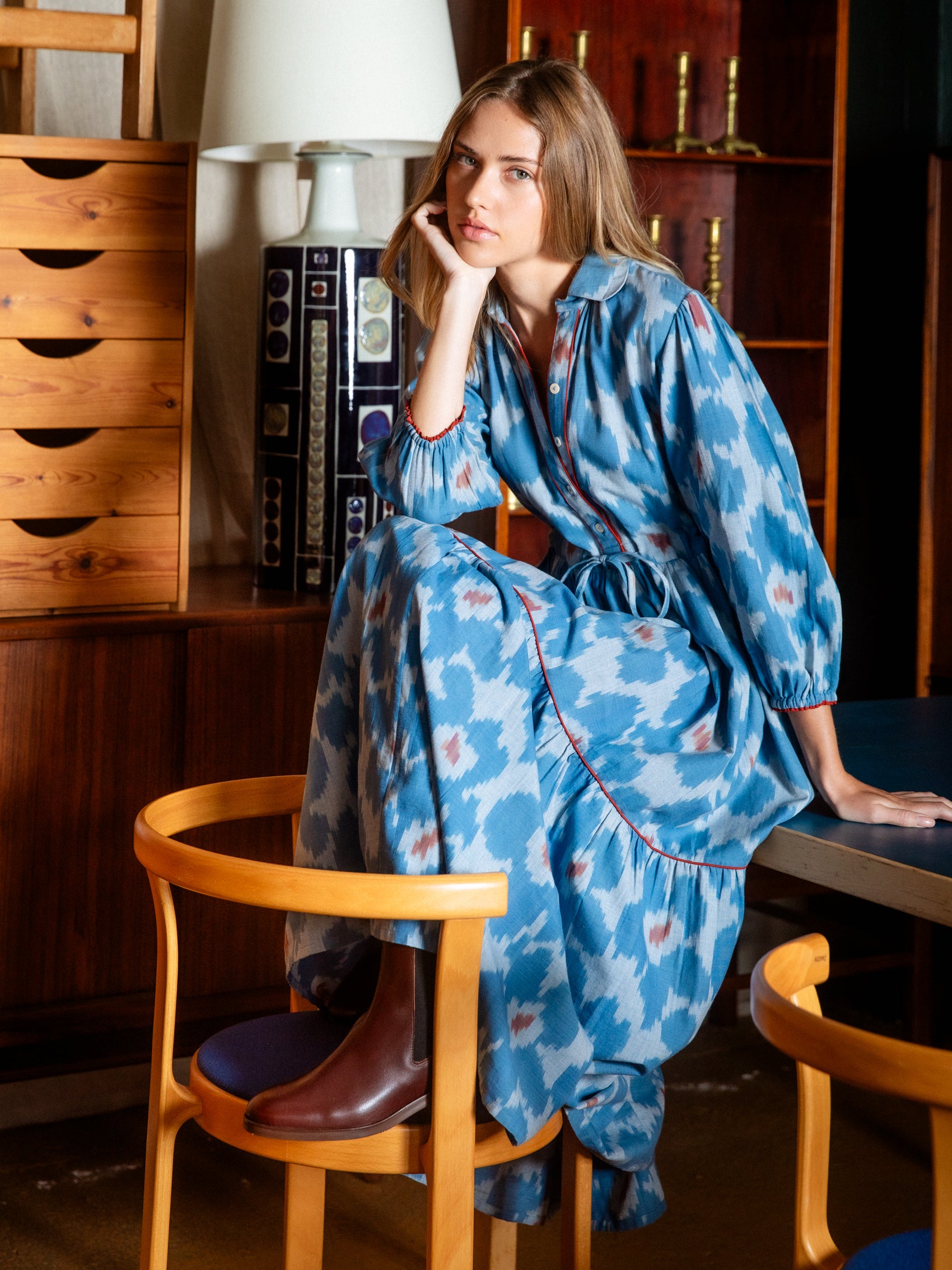 Lina Dress in Blue Ikat Flower