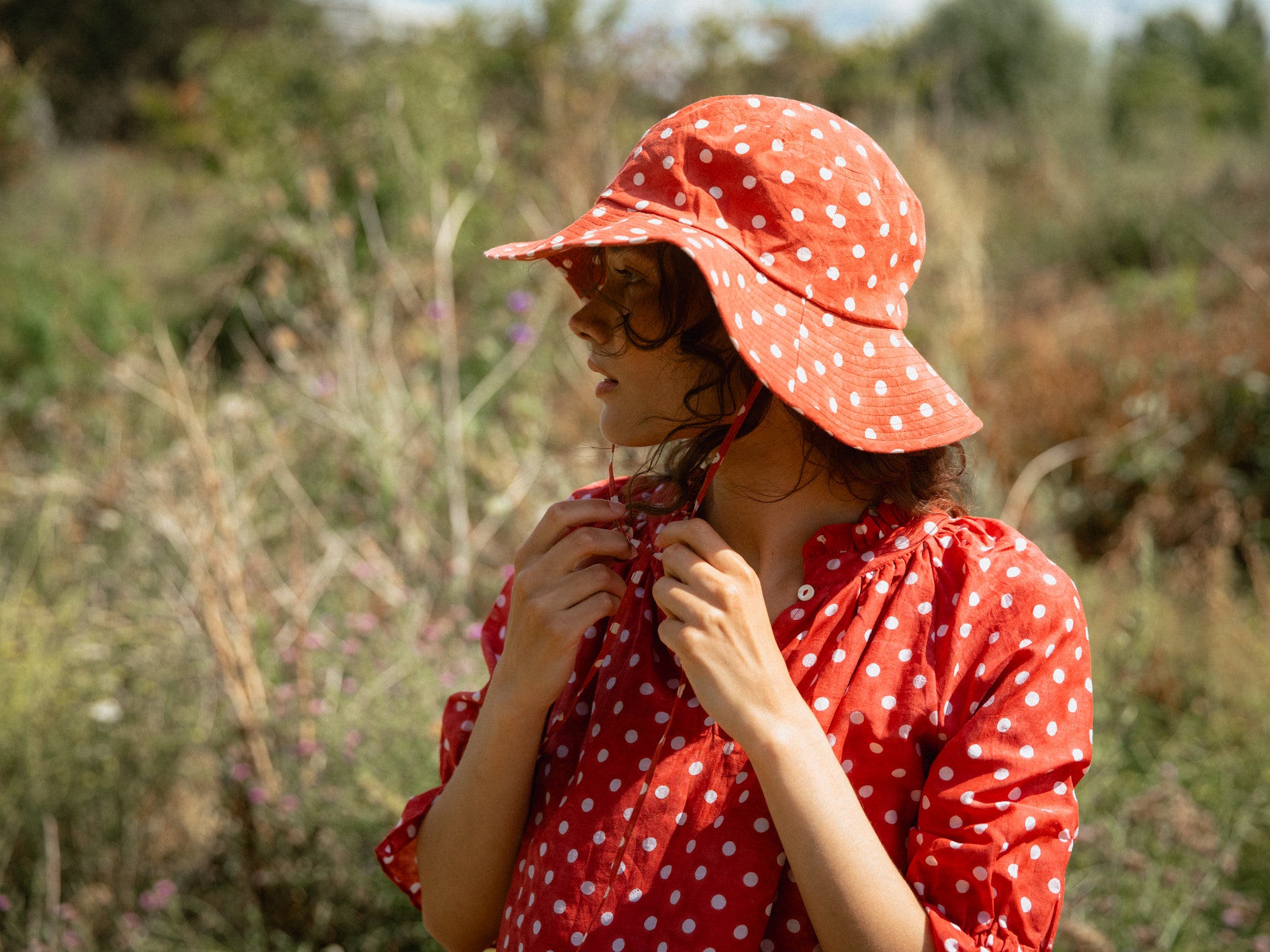 Cotton Sun Hat in Ruby Red Polka
