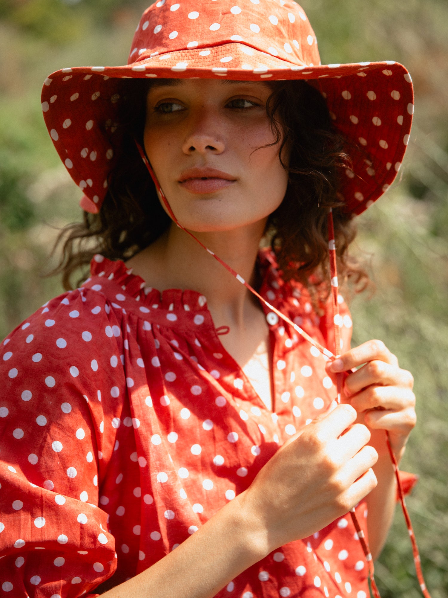 Cotton Sun Hat in Ruby Red Polka